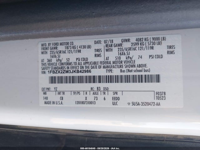Ford Transit-350 Xl 2018 1FBZX2ZM3JKB42986 Image 9