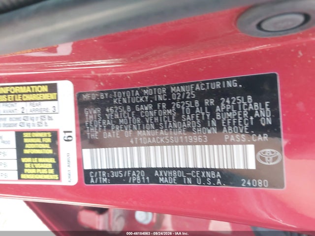 2025 Toyota Camry Le მანქანა იყიდება აუქციონზე, vin: 4T1DAACK5SU119963, აუქციონის ნომერი: 46184063