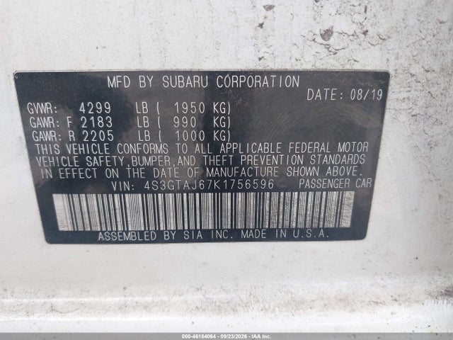 2019 Subaru Impreza 2.0i Sport მანქანა იყიდება აუქციონზე, vin: 4S3GTAJ67K1756596, აუქციონის ნომერი: 46184064