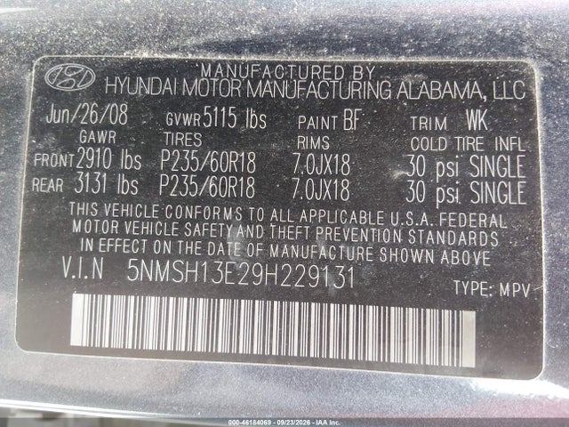 Продаж на аукціоні авто 2009 Hyundai Santa Fe Limited, vin: 5NMSH13E29H229131, номер лоту: 46184069