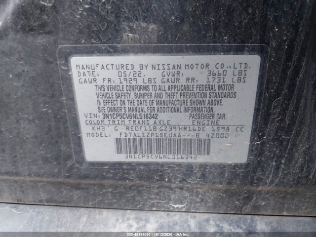 Продаж на аукціоні авто 2022 Nissan Kicks Sv Xtronic Cvt, vin: 3N1CP5CV6NL516342, номер лоту: 46184091