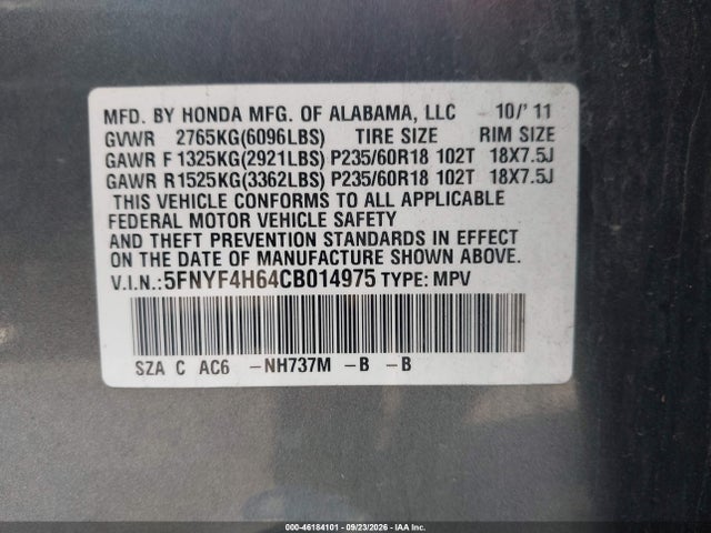 2012 Honda Pilot Ex-l მანქანა იყიდება აუქციონზე, vin: 5FNYF4H64CB014975, აუქციონის ნომერი: 46184101