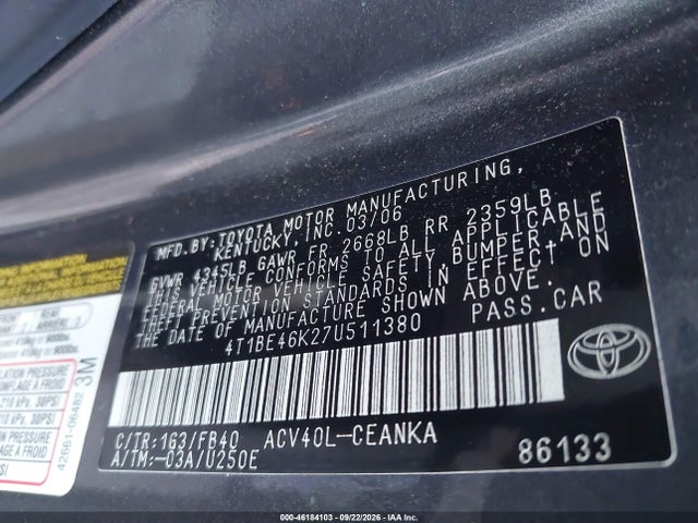 46184103 :رقم المزاد ، 4T1BE46K27U511380 vin ، 2007 Toyota Camry Le مزاد بيع