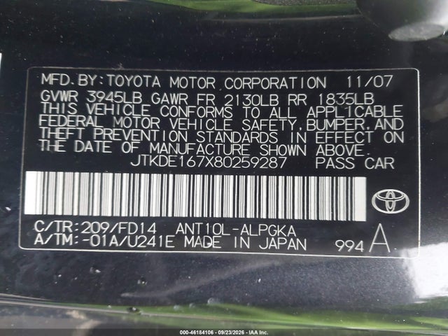 Aukcja sprzedaży 2008 Scion Tc, vin: JTKDE167X80259287, numer aukcji: 46184106