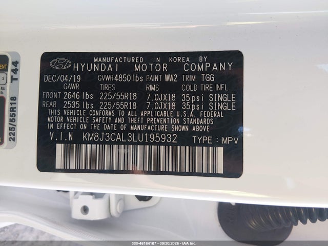 Aukcja sprzedaży 2020 Hyundai Tucson Sel, vin: KM8J3CAL3LU195932, numer aukcji: 46184107