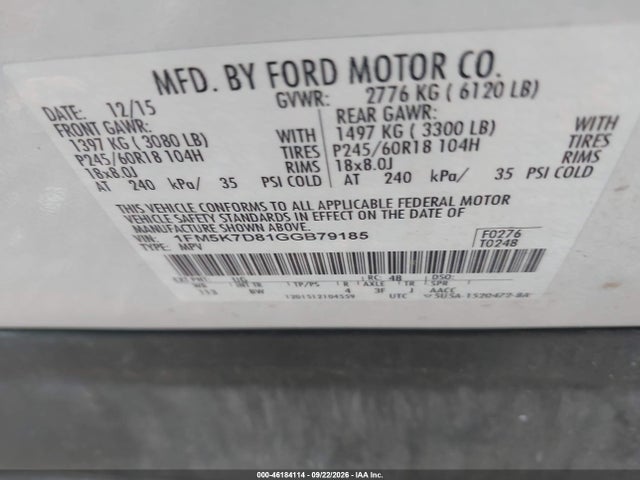 46184114 :رقم المزاد ، 1FM5K7D81GGB79185 vin ، 2016 Ford Explorer Xlt مزاد بيع