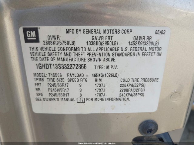 2003 Oldsmobile Bravada მანქანა იყიდება აუქციონზე, vin: 1GHDT13S332372866, აუქციონის ნომერი: 46184115