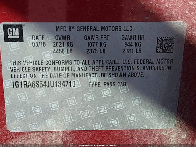 2018 Chevrolet Volt Lt მანქანა იყიდება აუქციონზე, vin: 1G1RA6S54JU134710, აუქციონის ნომერი: 46184118