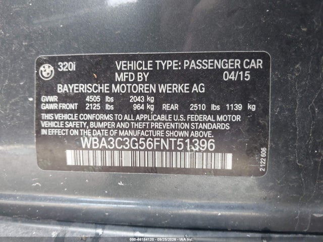 Продажа на аукционе авто 2015 Bmw 320i Xdrive, vin: WBA3C3G56FNT51396, номер лота: 46184120