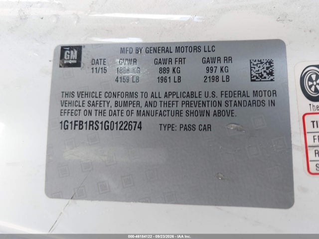 Продажа на аукционе авто 2016 Chevrolet Camaro 1lt, vin: 1G1FB1RS1G0122674, номер лота: 46184122