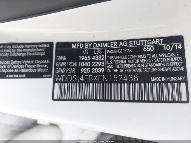 46184130 :رقم المزاد ، WDDSJ4EBXEN152438 vin ، 2014 Mercedes-benz Cla 250 مزاد بيع