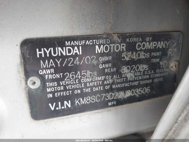 2002 Hyundai Santa Fe Gls/lx მანქანა იყიდება აუქციონზე, vin: KM8SC73D22U303506, აუქციონის ნომერი: 46184137