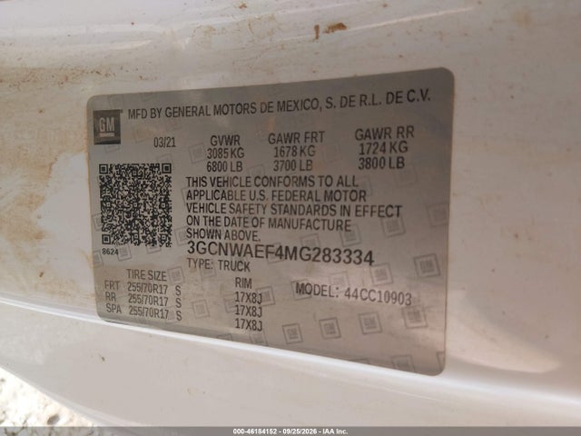 46184152 :رقم المزاد ، 3GCNWAEF4MG283334 vin ، 2021 Chevrolet Silverado 1500 2wd  Long Bed Wt مزاد بيع