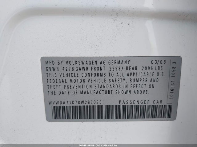 Продажа на аукционе авто 2008 Volkswagen Rabbit S, vin: WVWDA71K78W263036, номер лота: 46184154