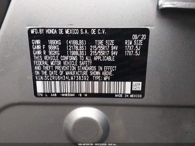 Aukcja sprzedaży 2020 Honda Hr-v Awd Lx, vin: 3CZRU6H34LM738392, numer aukcji: 46184158