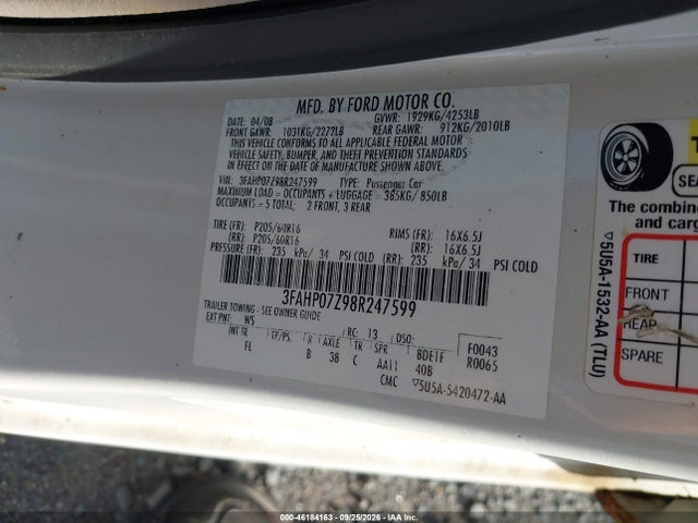 Aukcja sprzedaży 2008 Ford Fusion Se, vin: 3FAHP07Z98R247599, numer aukcji: 46184163