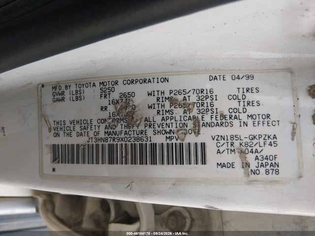 46184178 :رقم المزاد ، JT3HN87R9X0238631 vin ، 1999 Toyota 4runner Limited V6 مزاد بيع