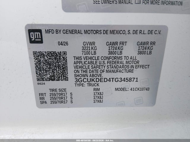 Продажа на аукционе авто 2026 Chevrolet Silverado 1500 4wd  Standard Bed Lt, vin: 3GCUKDED4TG345871, номер лота: 46184189