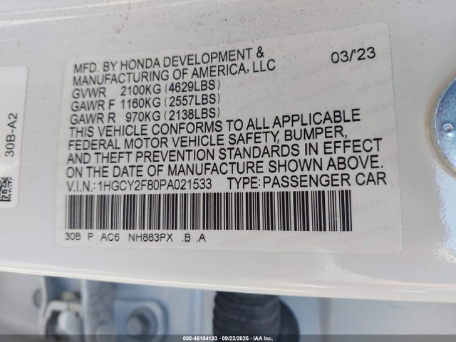 Aukcja sprzedaży 2023 Honda Accord Hybrid Touring, vin: 1HGCY2F80PA021533, numer aukcji: 46184193