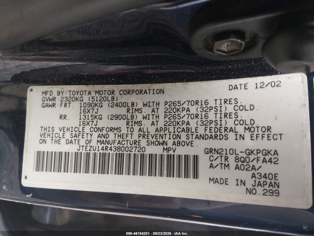 Продаж на аукціоні авто 2003 Toyota 4runner Sr5 V6, vin: JTEZU14R438002720, номер лоту: 46184201