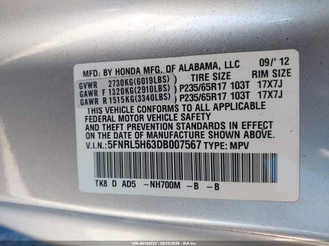 Продажа на аукционе авто 2013 Honda Odyssey Ex-l, vin: 5FNRL5H63DB007567, номер лота: 46184222