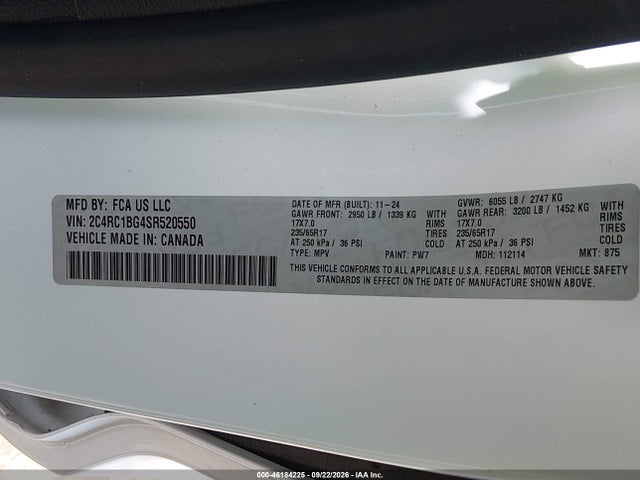 Aukcja sprzedaży 2025 Chrysler Pacifica Select, vin: 2C4RC1BG4SR520550, numer aukcji: 46184225