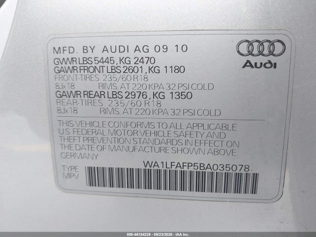 46184229 :رقم المزاد ، WA1LFAFP5BA035078 vin ، 2011 Audi Q5 2.0t Premium مزاد بيع