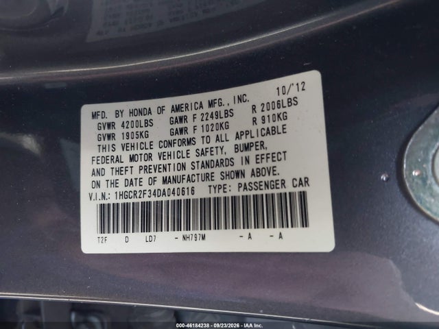 Продаж на аукціоні авто 2013 Honda Accord Lx, vin: 1HGCR2F34DA040616, номер лоту: 46184238