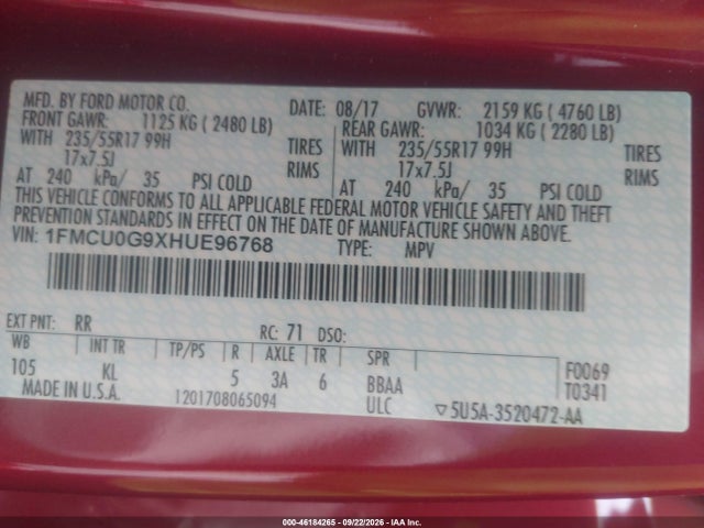 Ford ESCAPE SE 2017 1FMCU0G9XHUE96768 Image 9