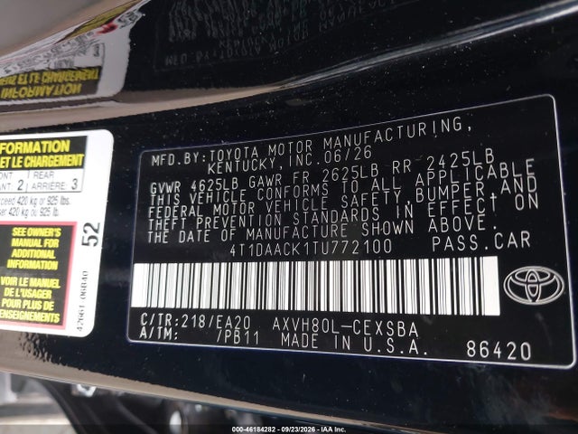 46184282 :رقم المزاد ، 4T1DAACK1TU772100 vin ، 2026 Toyota Camry Se مزاد بيع
