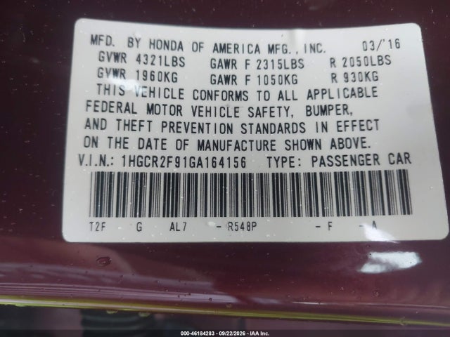 Продажа на аукционе авто 2016 Honda Accord Ex-l, vin: 1HGCR2F91GA164156, номер лота: 46184283