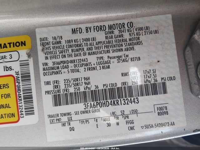Aukcja sprzedaży 2019 Ford Fusion Se, vin: 3FA6P0HD4KR132443, numer aukcji: 46184287