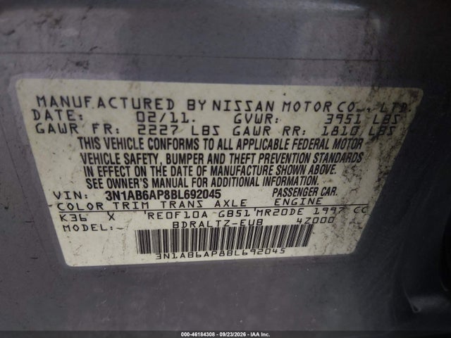 Продаж на аукціоні авто 2011 Nissan Sentra 2.0s, vin: 3N1AB6AP8BL692045, номер лоту: 46184308