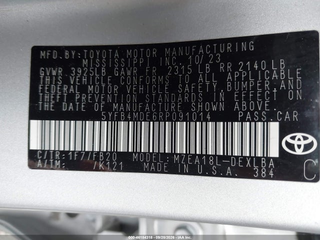 Aukcja sprzedaży 2024 Toyota Corolla Le, vin: 5YFB4MDE6RP091014, numer aukcji: 46184318