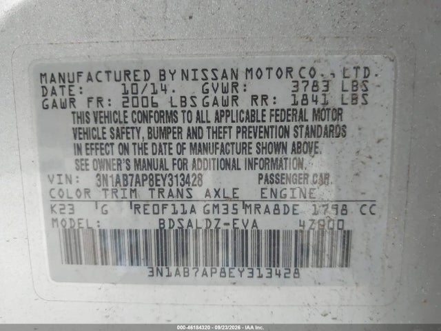 46184320 :رقم المزاد ، 3N1AB7AP8EY313428 vin ، 2014 Nissan Sentra Sv مزاد بيع