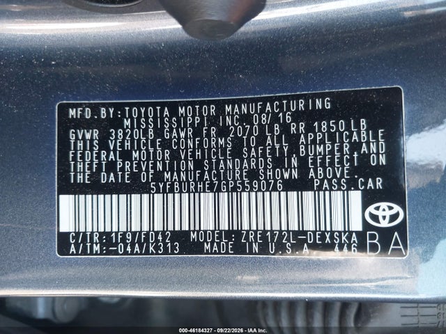 Продаж на аукціоні авто 2016 Toyota Corolla S Plus, vin: 5YFBURHE7GP559076, номер лоту: 46184327