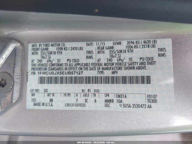 46184328 :رقم المزاد ، 1FMCU0JX5EUB57127 vin ، 2014 Ford Escape Titanium مزاد بيع