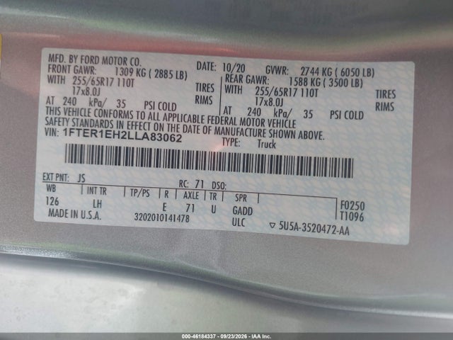 Ford RANGER XL 2020 1FTER1EH2LLA83062 Image 9
