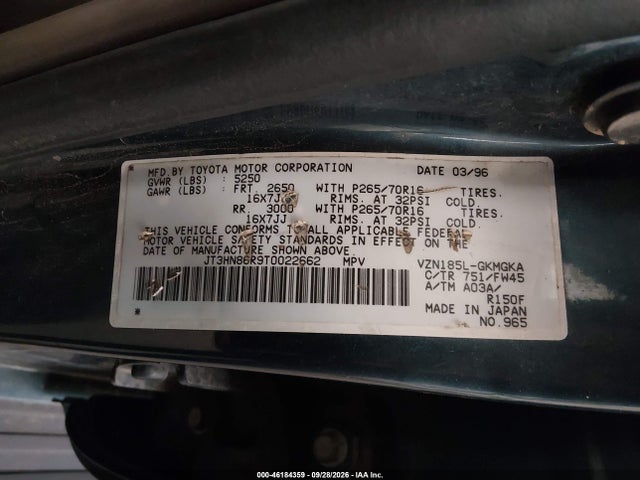 1996 Toyota 4runner Sr5 მანქანა იყიდება აუქციონზე, vin: JT3HN86R9T0022662, აუქციონის ნომერი: 46184359