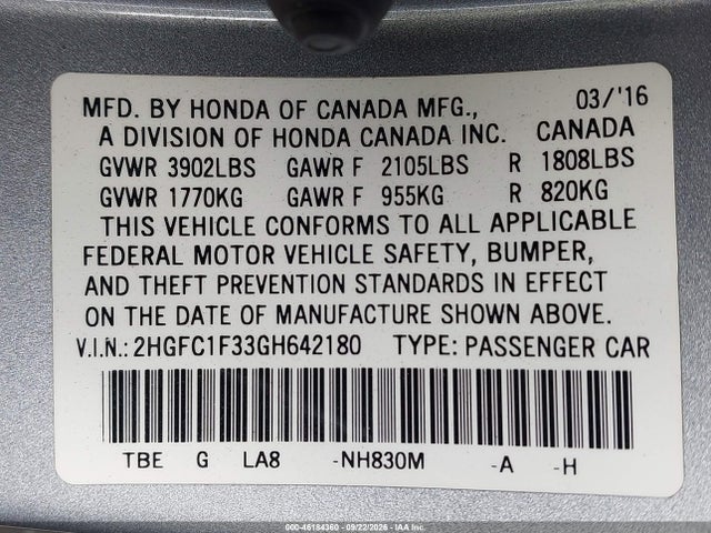Honda CIVIC EX 2016 2HGFC1F33GH642180 Image 9