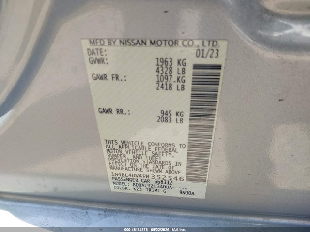 Продаж на аукціоні авто 2023 Nissan Altima Sv Fwd, vin: 1N4BL4DV4PN352546, номер лоту: 46184376