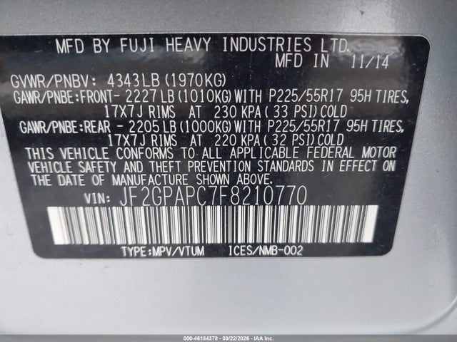 46184378 :رقم المزاد ، JF2GPAPC7F8210770 vin ، 2015 Subaru Xv Crosstrek 2.0i Limited مزاد بيع