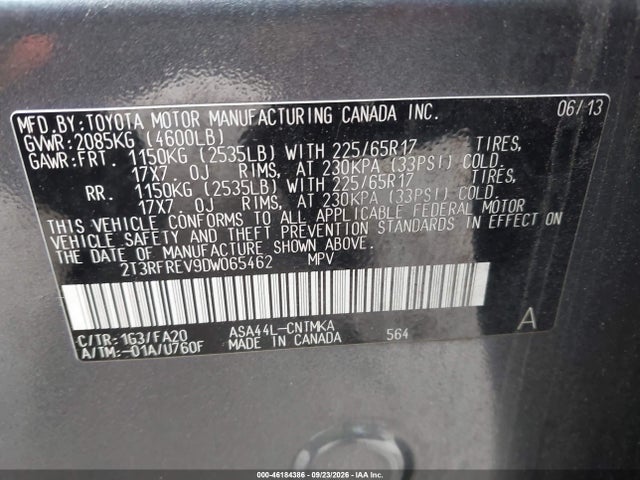 46184386 :رقم المزاد ، 2T3RFREV9DW065462 vin ، 2013 Toyota Rav4 Xle مزاد بيع