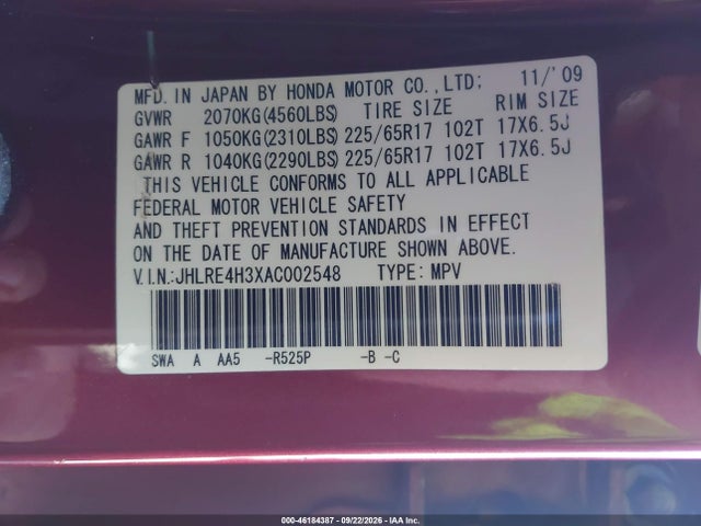 46184387 :رقم المزاد ، JHLRE4H3XAC002548 vin ، 2010 Honda Cr-v Lx مزاد بيع