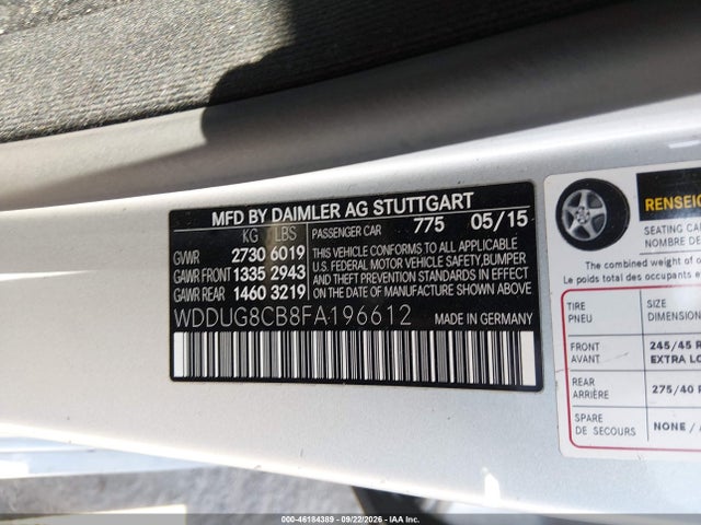 46184389 :رقم المزاد ، WDDUG8CB8FA196612 vin ، 2015 Mercedes-benz S 550 مزاد بيع
