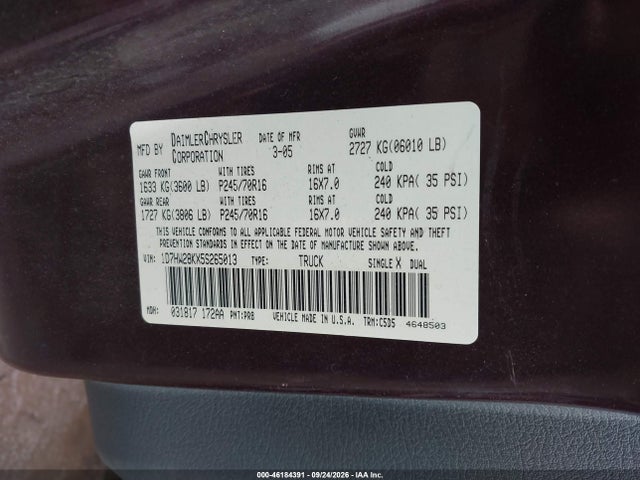 46184391 :رقم المزاد ، 1D7HW28KX5S265013 vin ، 2005 Dodge Dakota St مزاد بيع