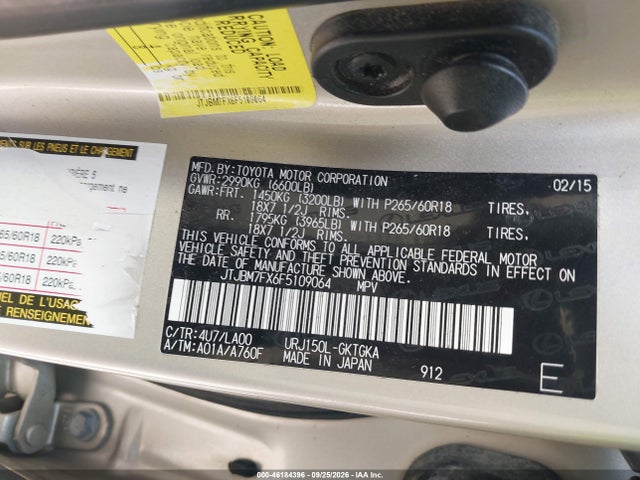 Auction sale of the 2015 Lexus Gx 460, vin: JTJBM7FX6F5109064, lot number: 46184396