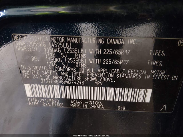 46184403 :رقم المزاد ، 2T3ZFREV6HW374246 vin ، 2017 Toyota Rav4 Le مزاد بيع