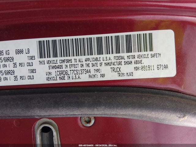 2012 Ram 1500 Big Horn მანქანა იყიდება აუქციონზე, vin: 1C6RD6LT7CS137344, აუქციონის ნომერი: 46184405