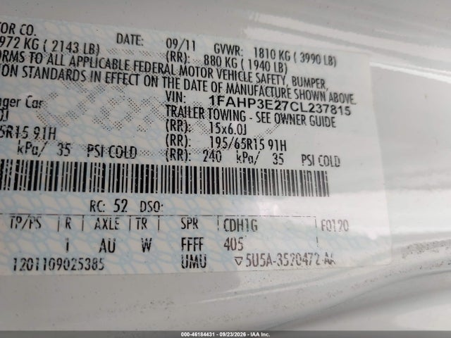 46184431 :رقم المزاد ، 1FAHP3E27CL237815 vin ، 2012 Ford Focus S مزاد بيع